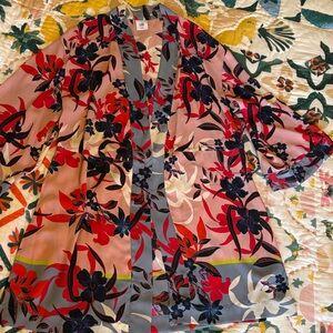CAbi Pink Floral Silk-Feel Kimono Jacket with Navy & Red Accents